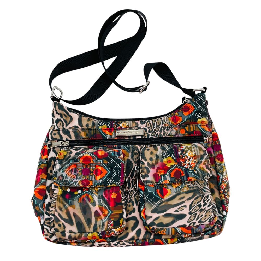 Samantha Brown To-Go Double Pocket Hobo Tropical Tribal Leopard Crossbody Bag